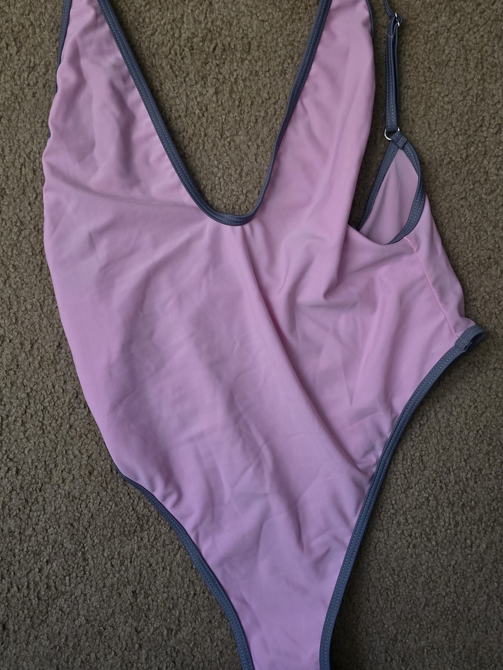 Pink One-Piece Swimsuit with Gray Trim High Wasted Thong